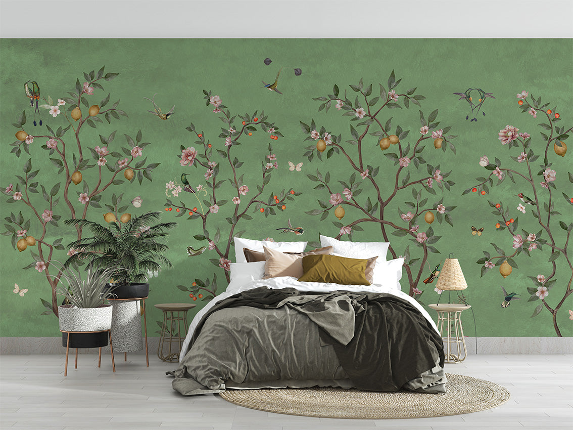 Lemon Tree Chinoiserie – Green, letër murale në ambient – Bedroom 1