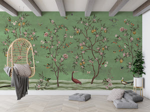 Lemon Tree Chinoiserie – Green, letër murale në ambient – Living room 1