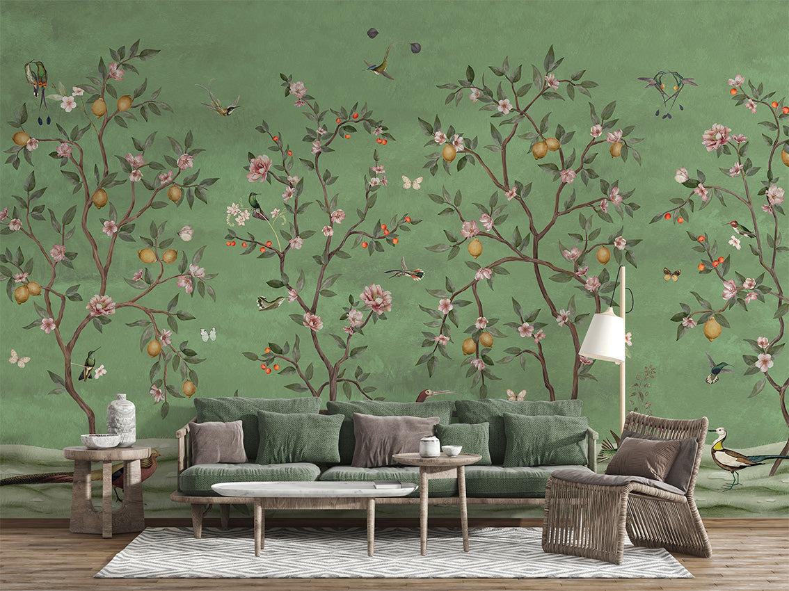 Lemon Tree Chinoiserie – Green, letër murale në ambient – Living room 2