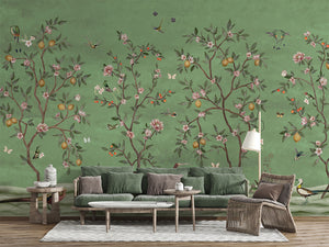 Lemon Tree Chinoiserie – Green, letër murale në ambient – Living room 2