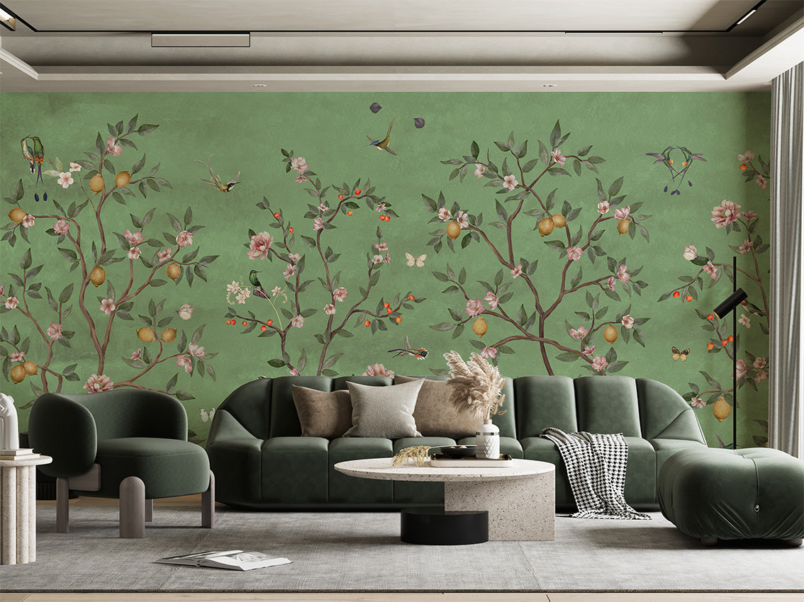 Lemon Tree Chinoiserie – Green, letër murale në ambient – Living room 3