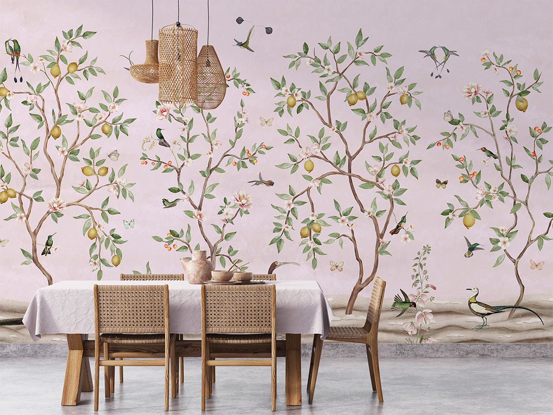 Lemon Tree Chinoiserie – Pink, letër murale në ambient – Dining room 1