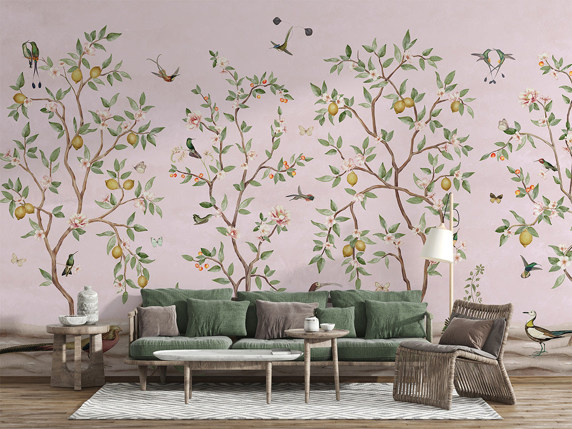 Lemon Tree Chinoiserie – Pink, letër murale në ambient – Living room 1