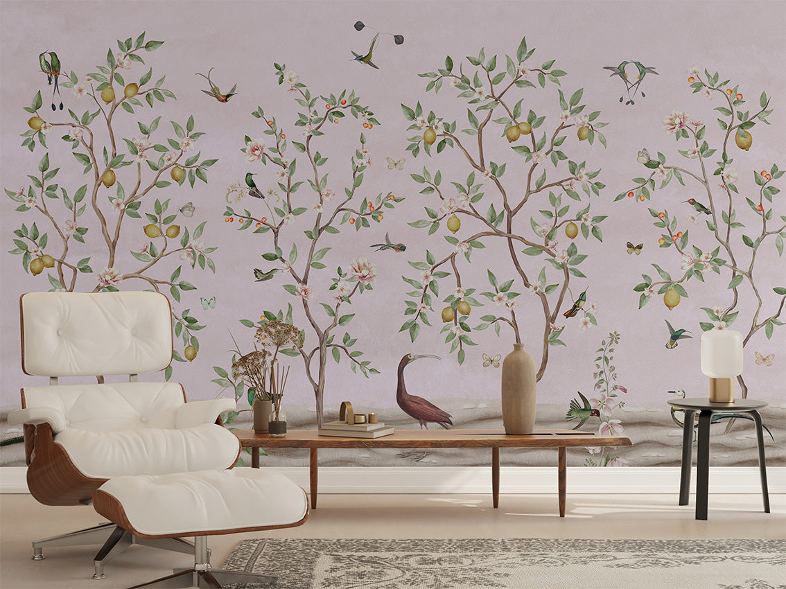 Lemon Tree Chinoiserie – Pink, letër murale në ambient – Living room 2