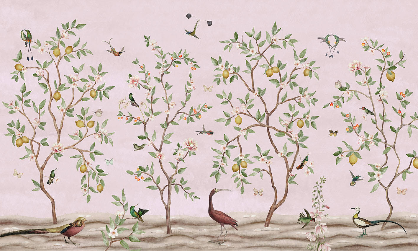 Lemon Tree Chinoiserie – Pink, letër murale – dizajni i plotë për personalizim