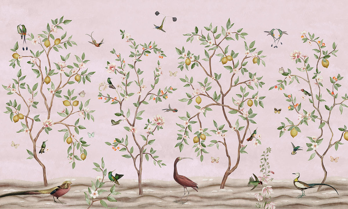 Lemon Tree Chinoiserie – Pink, letër murale – dizajni i plotë për personalizim
