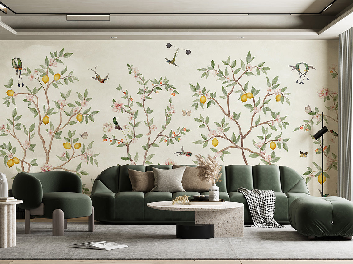 Lemon Tree Chinoiserie – White, letër murale në ambient – Living room 2