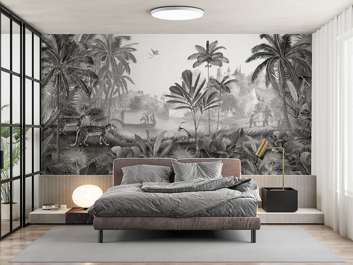 Leopard Landscape – B&W, letër murale në ambient – B&W- Bedroom 1