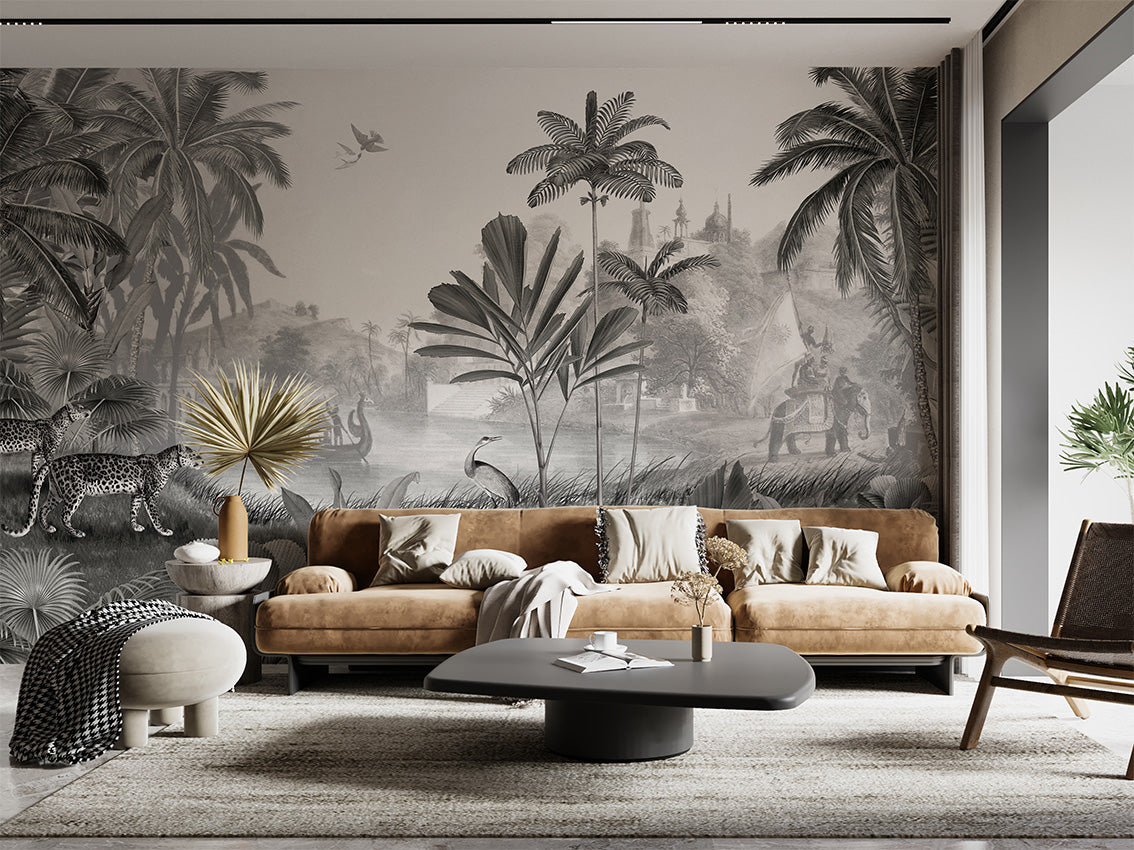 Leopard Landscape – B&W, letër murale në ambient – B&W- Living room 1