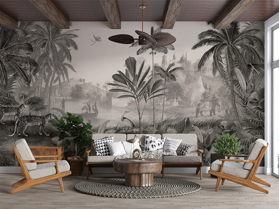 Leopard Landscape – B&W, letër murale në ambient – B&W- Living room 2
