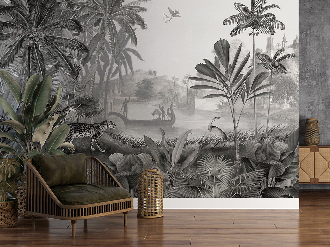 Leopard Landscape – B&W, letër murale në ambient – B&W- Living room 3