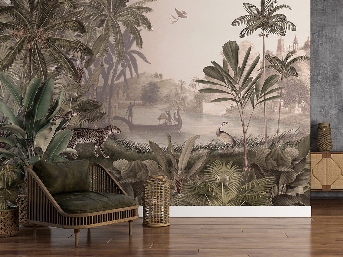 Leopard Landscape – Sepia, letër murale në ambient – Living room 1