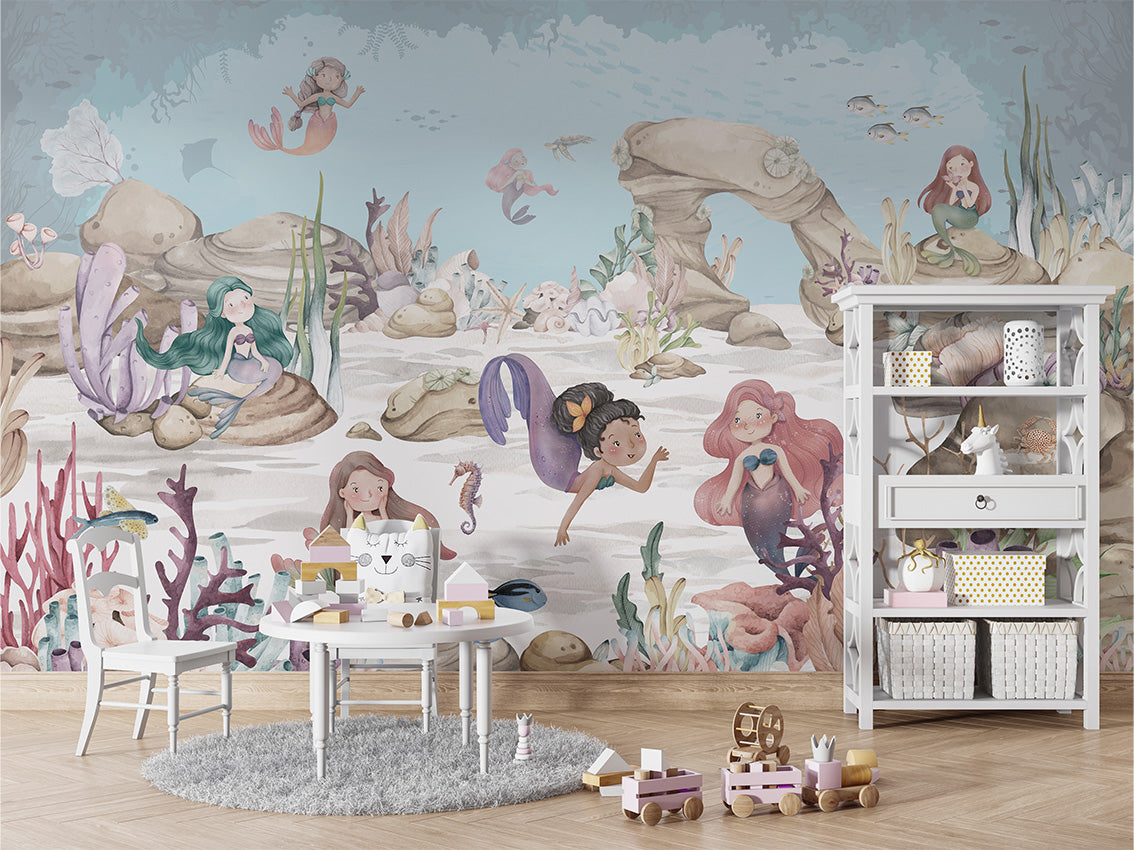 Mermaid Miracles – letër murale me sirena dhe korale, Table and cabinet