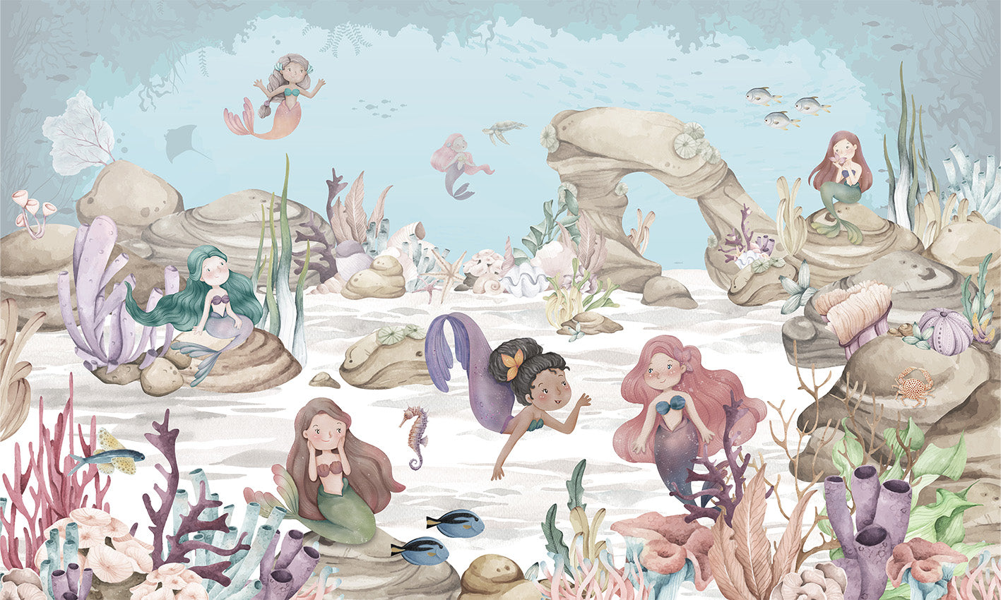 Mermaid Miracles – letër murale me sirena dhe korale, dizajni i plotë