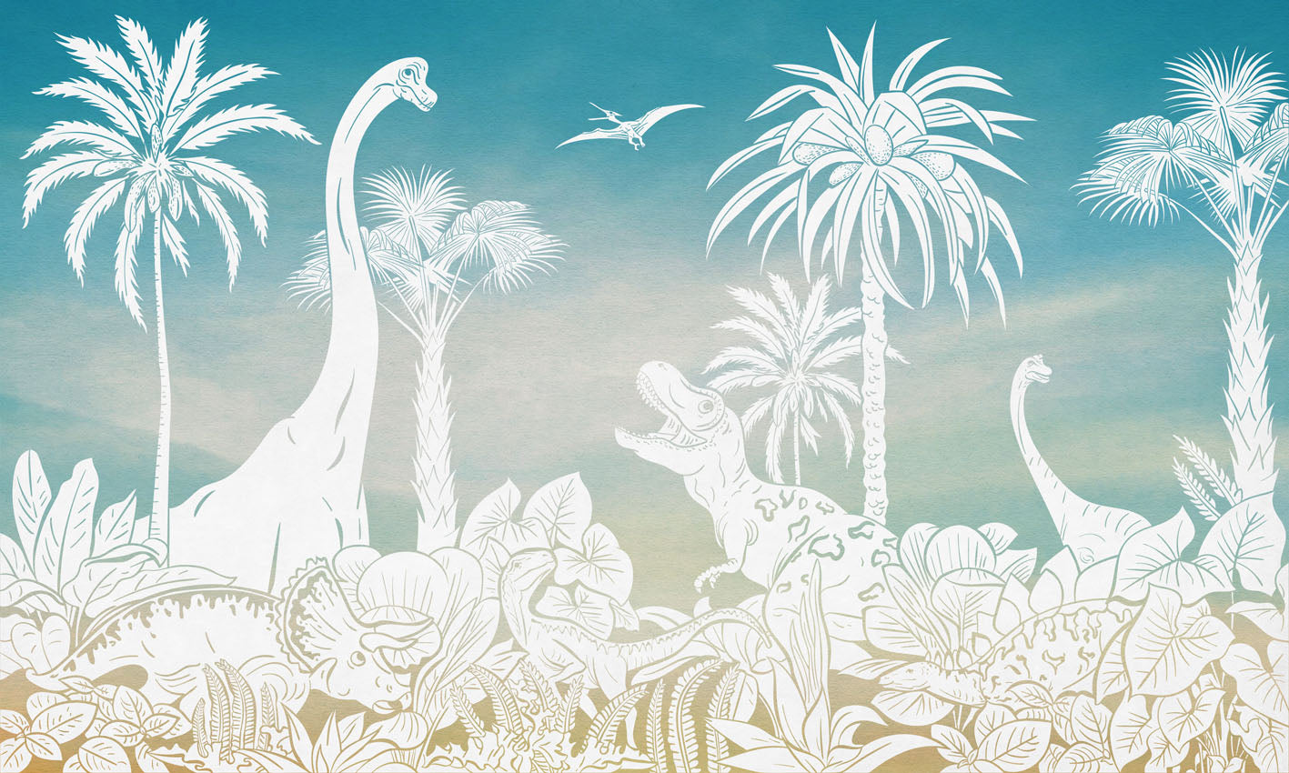 Monochrome Dino - Blue Sky letër murale Kikki Belle me dinosaurë, palma dhe bimësi