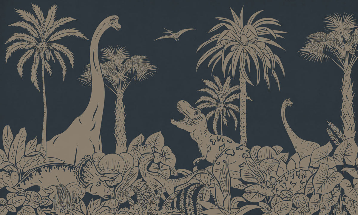 Monochrome Dino - Blue Vintage letër murale Kikki Belle me dinosaurë, palma dhe bimësi
