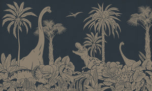Monochrome Dino - Blue Vintage letër murale Kikki Belle me dinosaurë, palma dhe bimësi