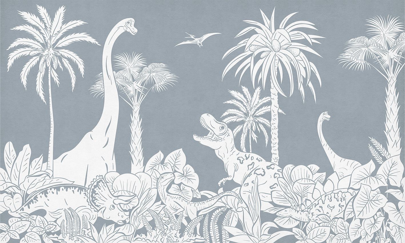 Monochrome Dino - Blue letër murale Kikki Belle me dinosaurë, palma dhe bimësi