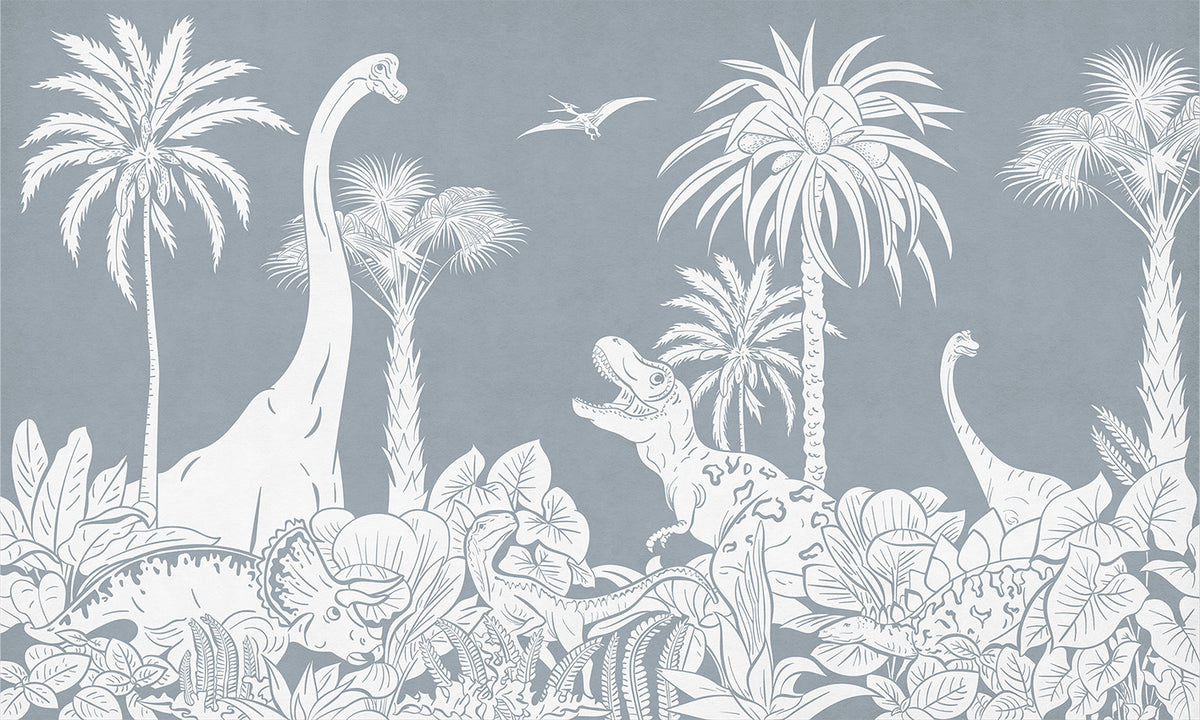 Monochrome Dino - Blue letër murale Kikki Belle me dinosaurë, palma dhe bimësi