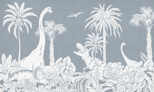 Monochrome Dino - Blue letër murale Kikki Belle me dinosaurë, palma dhe bimësi