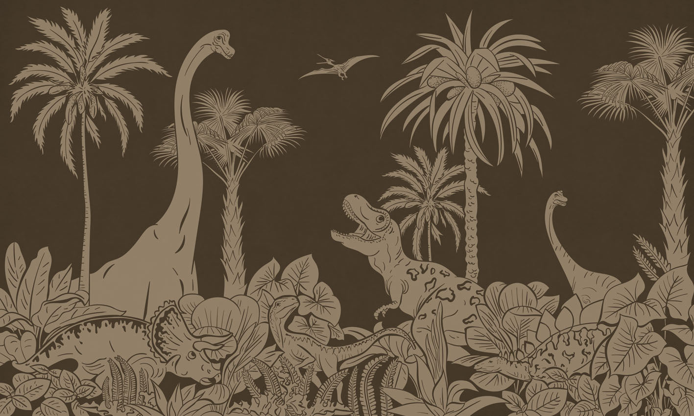 Monochrome Dino - Brown Vintage letër murale Kikki Belle me dinosaurë, palma dhe bimësi