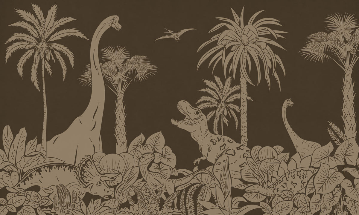 Monochrome Dino - Brown Vintage letër murale Kikki Belle me dinosaurë, palma dhe bimësi