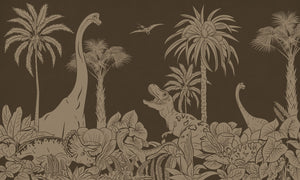 Monochrome Dino - Brown Vintage letër murale Kikki Belle me dinosaurë, palma dhe bimësi
