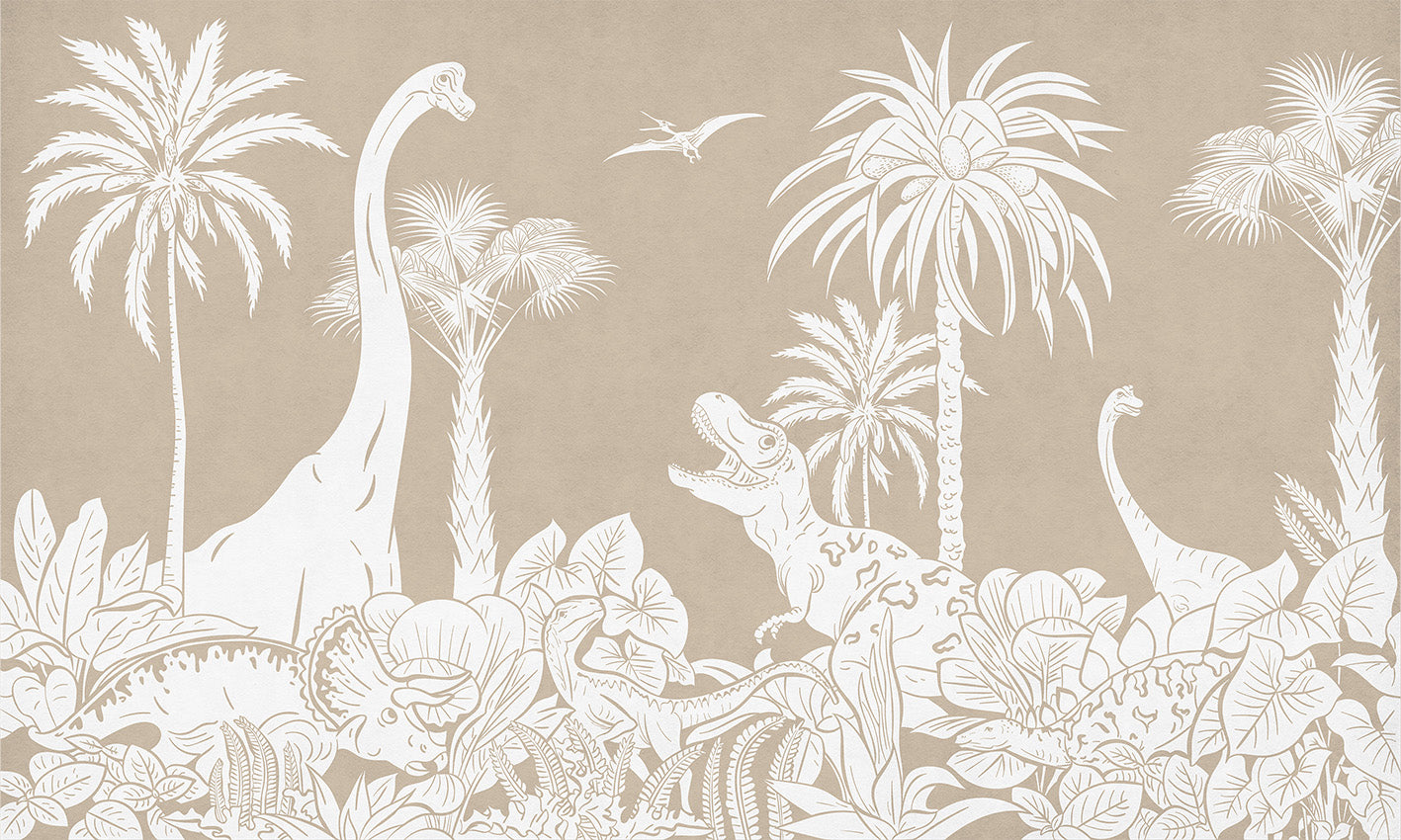 Monochrome Dino - Brown letër murale Kikki Belle me dinosaurë, palma dhe bimësi