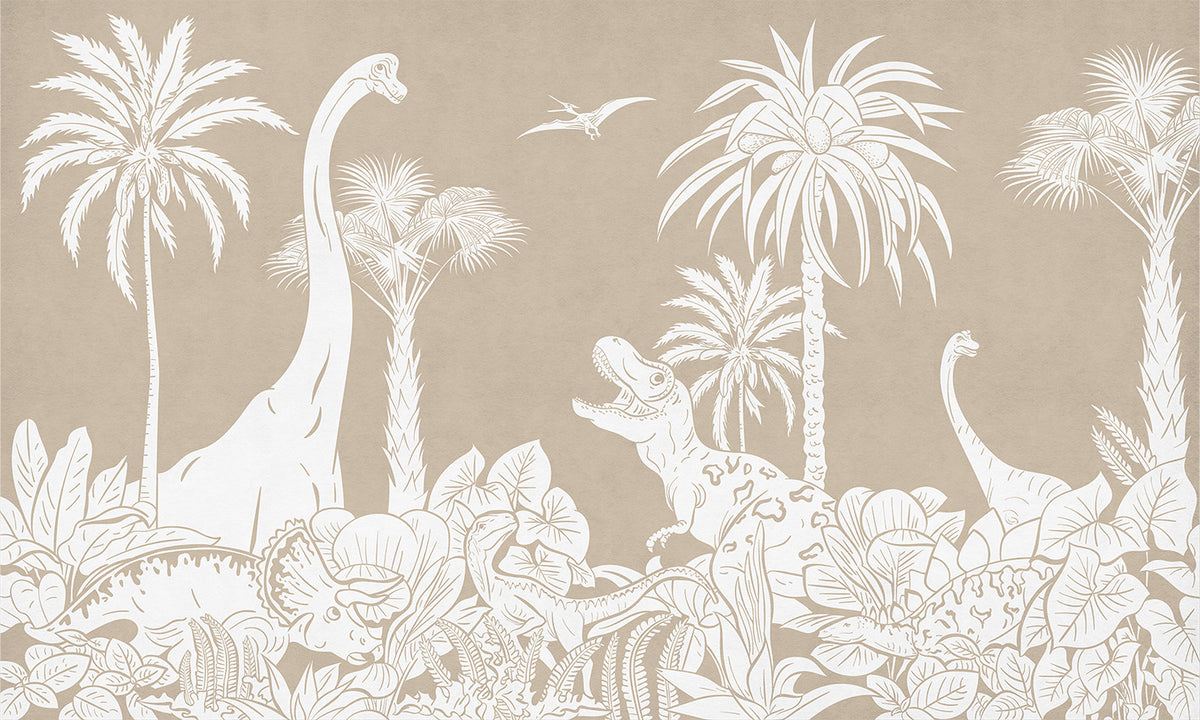 Monochrome Dino - Brown letër murale Kikki Belle me dinosaurë, palma dhe bimësi
