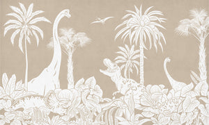 Monochrome Dino - Brown letër murale Kikki Belle me dinosaurë, palma dhe bimësi