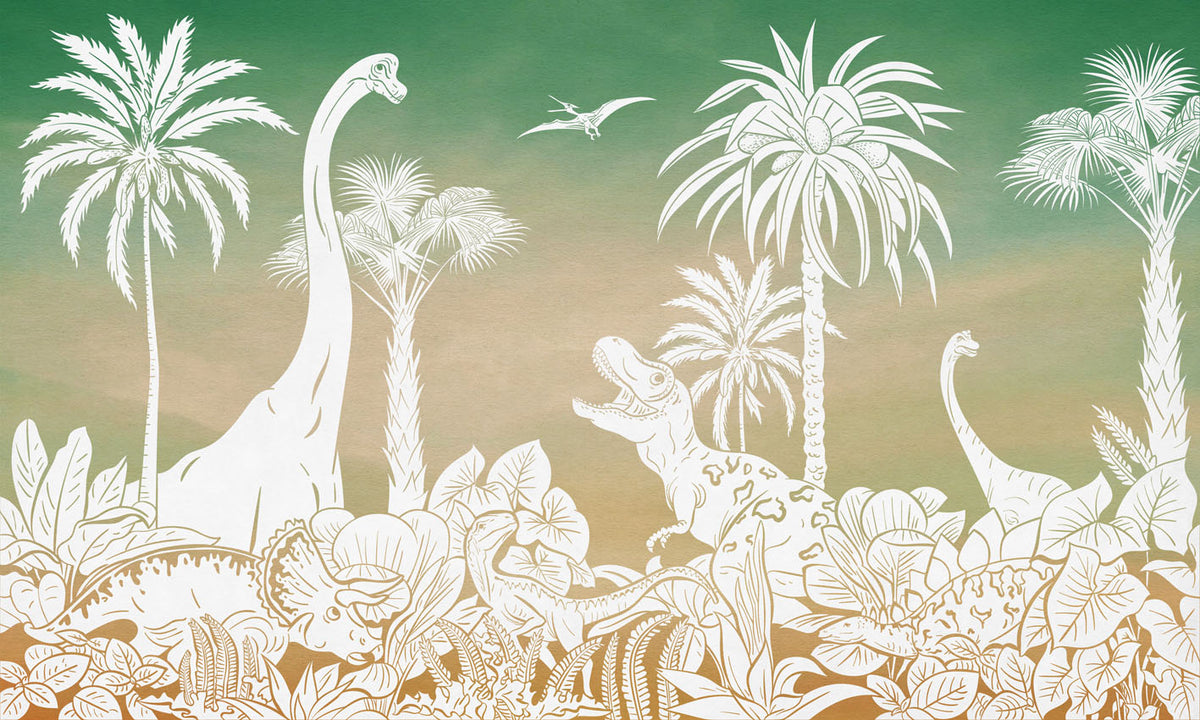 Monochrome Dino - Green Sky letër murale Kikki Belle me dinosaurë, palma dhe bimësi