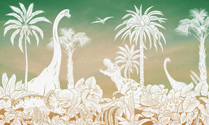 Monochrome Dino - Green Sky letër murale Kikki Belle me dinosaurë, palma dhe bimësi