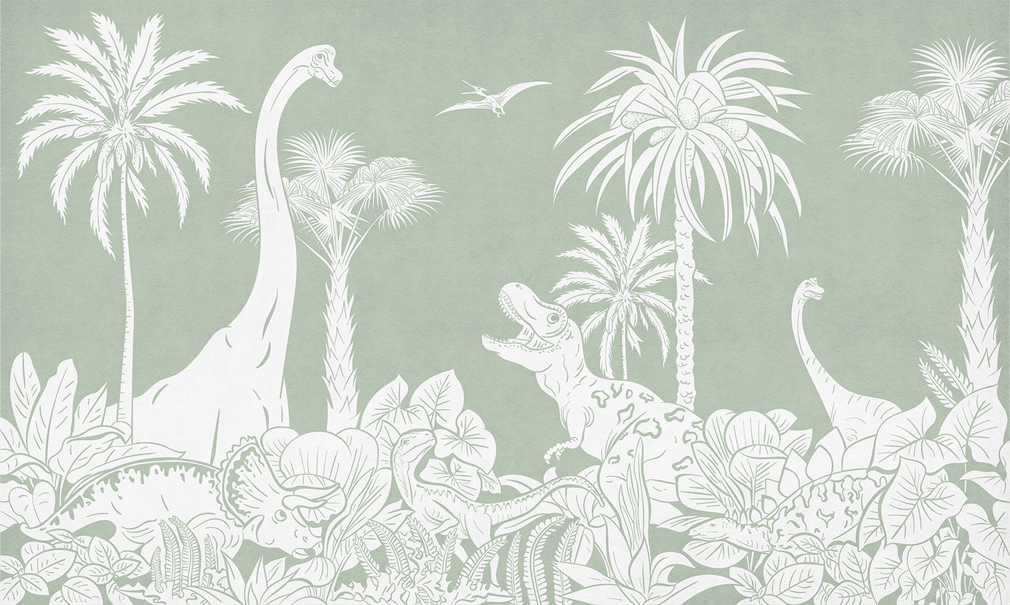 Monochrome Dino - Green letër murale Kikki Belle me dinosaurë, palma dhe bimësi