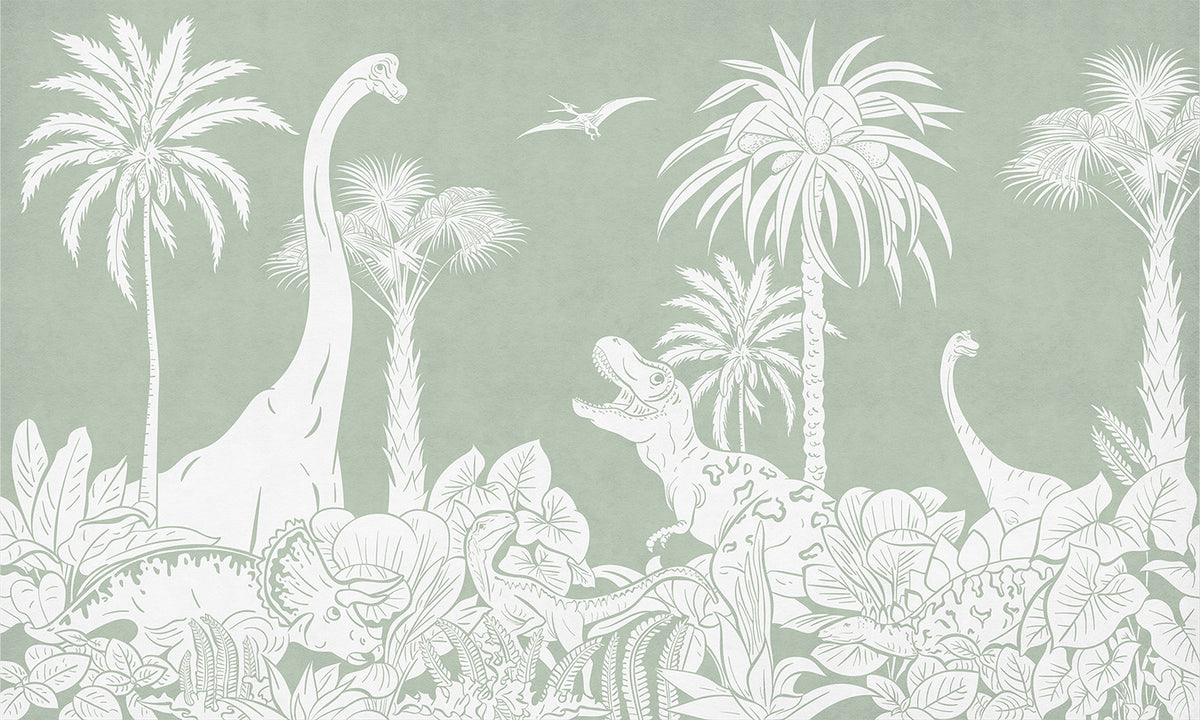 Monochrome Dino - Green letër murale Kikki Belle me dinosaurë, palma dhe bimësi