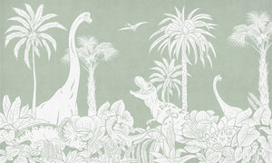 Monochrome Dino - Green letër murale Kikki Belle me dinosaurë, palma dhe bimësi