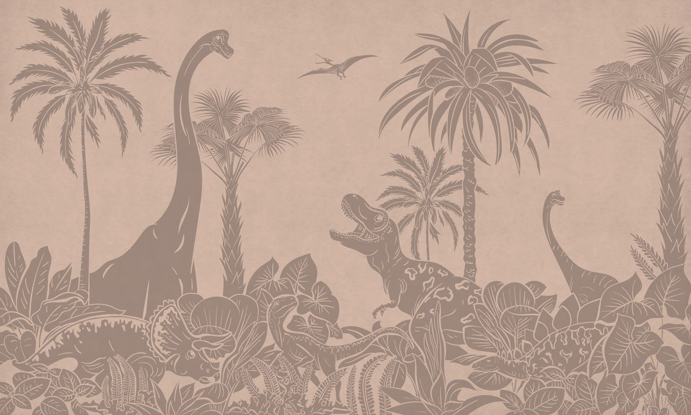 Monochrome Dino - Pink Vintage letër murale Kikki Belle me dinosaurë, palma dhe bimësi