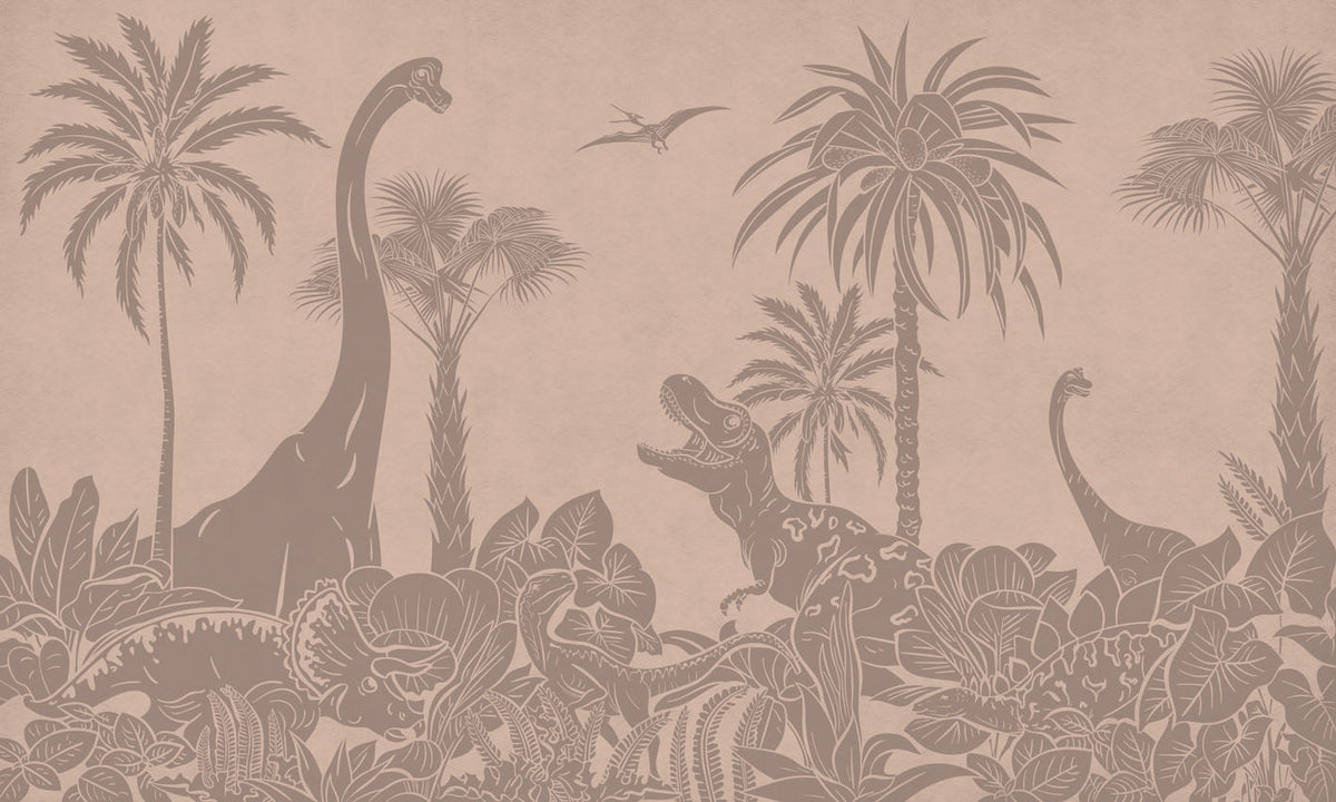 Monochrome Dino - Pink Vintage letër murale Kikki Belle me dinosaurë, palma dhe bimësi