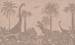 Monochrome Dino - Pink Vintage letër murale Kikki Belle me dinosaurë, palma dhe bimësi
