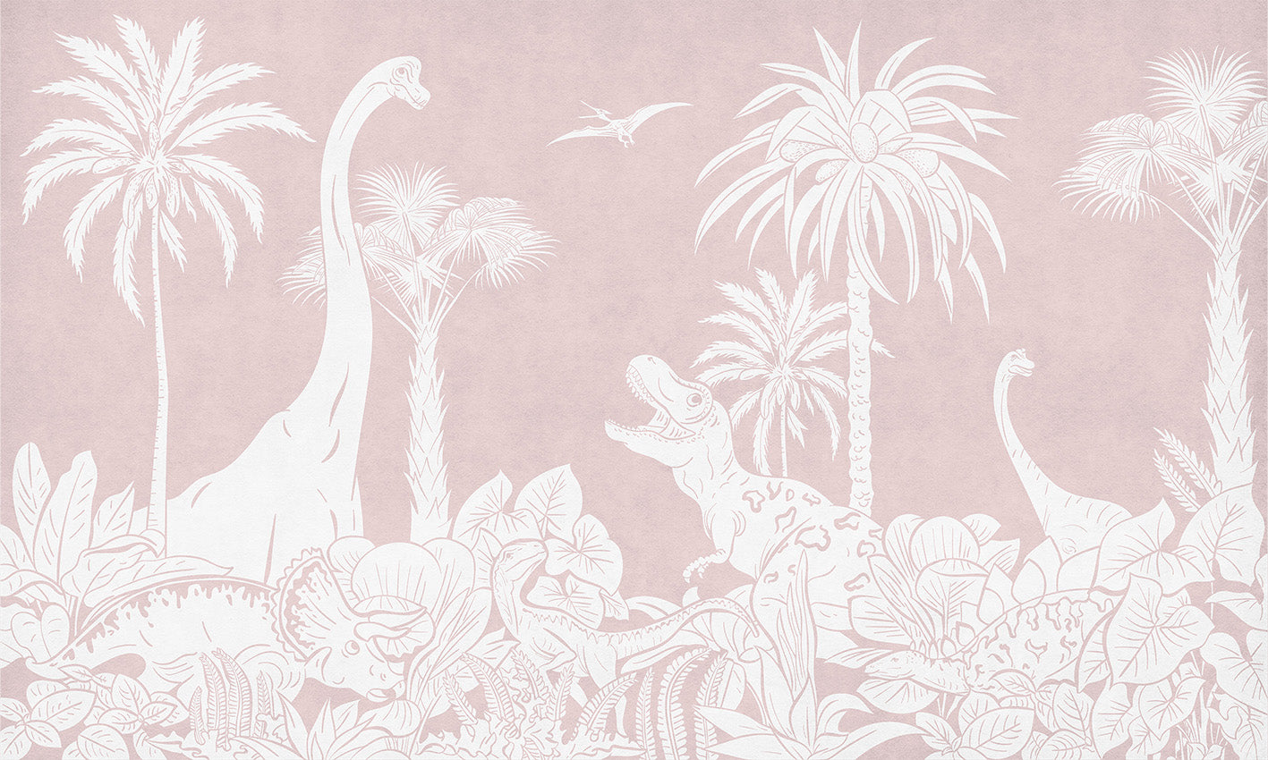 Monochrome Dino - Pink letër murale Kikki Belle me dinosaurë, palma dhe bimësi