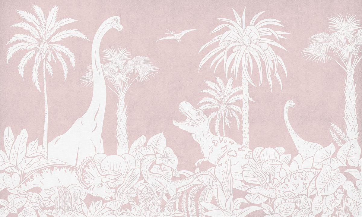 Monochrome Dino - Pink letër murale Kikki Belle me dinosaurë, palma dhe bimësi