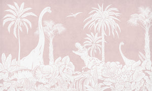 Monochrome Dino - Pink letër murale Kikki Belle me dinosaurë, palma dhe bimësi