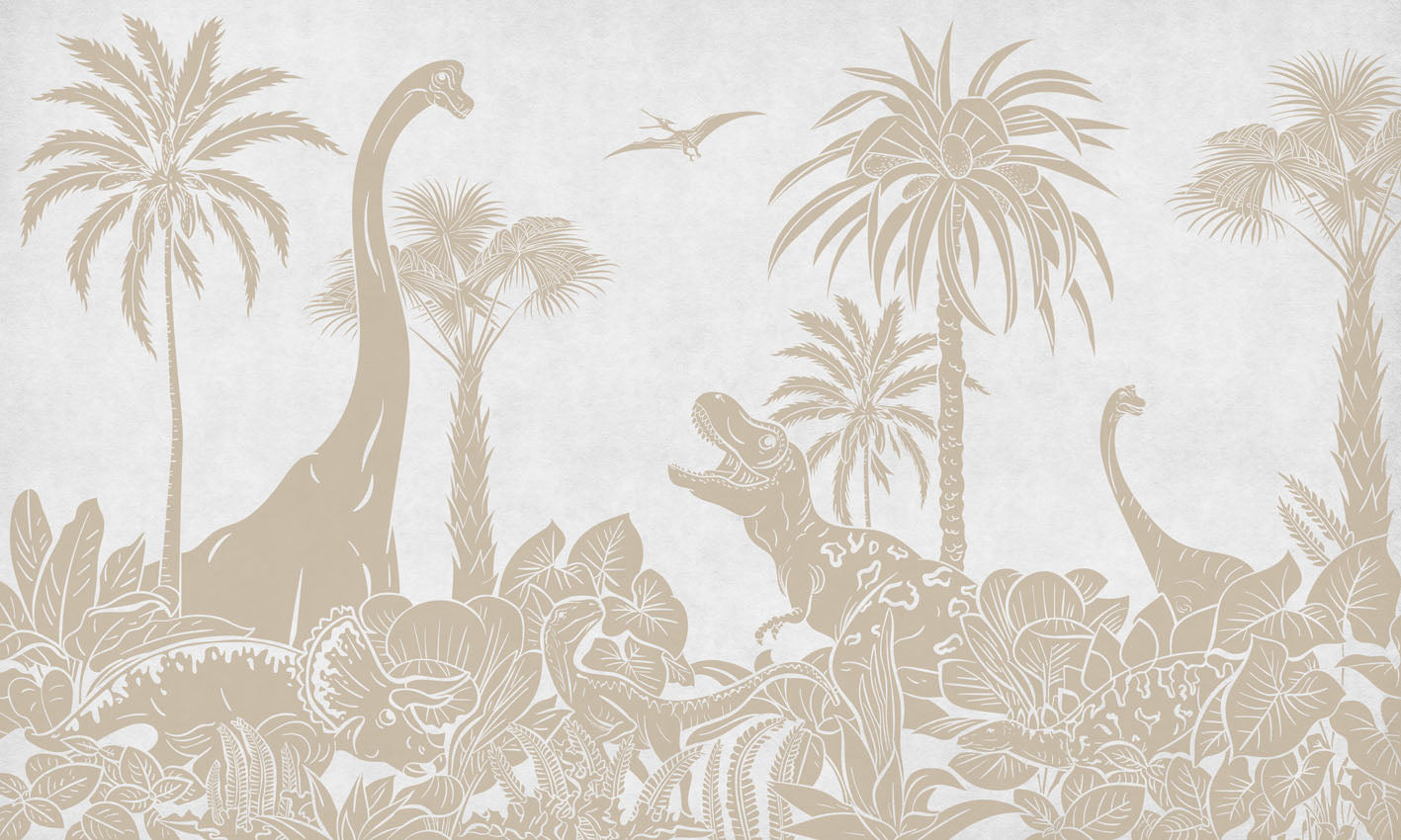 Monochrome Dino - White Vintage letër murale Kikki Belle me dinosaurë, palma dhe bimësi