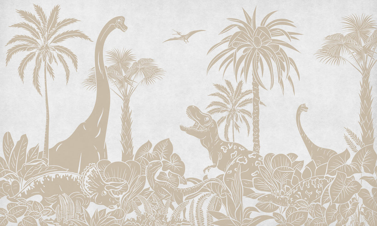 Monochrome Dino - White Vintage letër murale Kikki Belle me dinosaurë, palma dhe bimësi