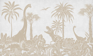 Monochrome Dino - White Vintage letër murale Kikki Belle me dinosaurë, palma dhe bimësi