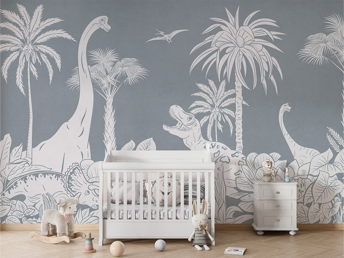 MONOCHROME DINO BLUE - Mural - Crib white