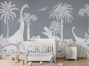 MONOCHROME DINO BLUE - Mural - Crib white