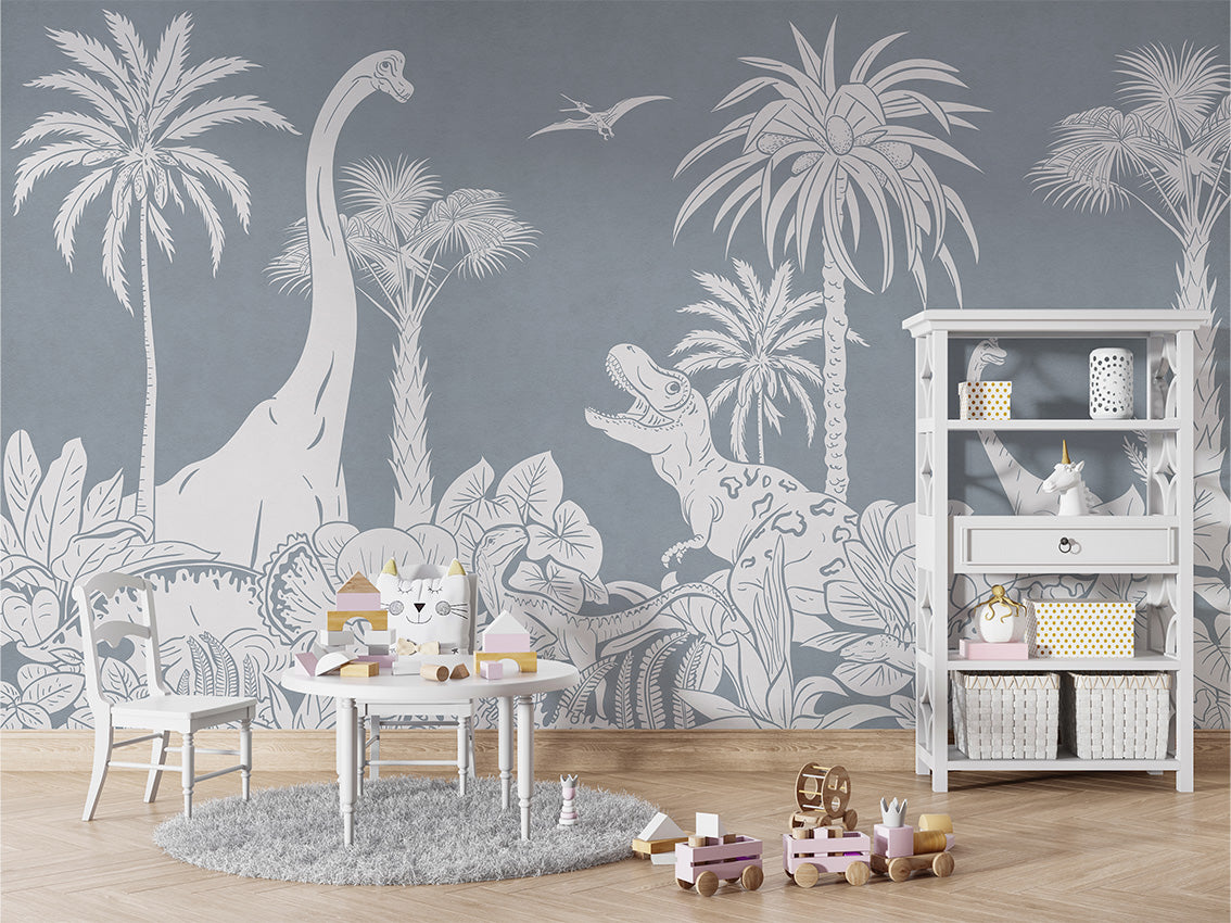 MONOCHROME DINO BLUE - Mural - Table and cabinet