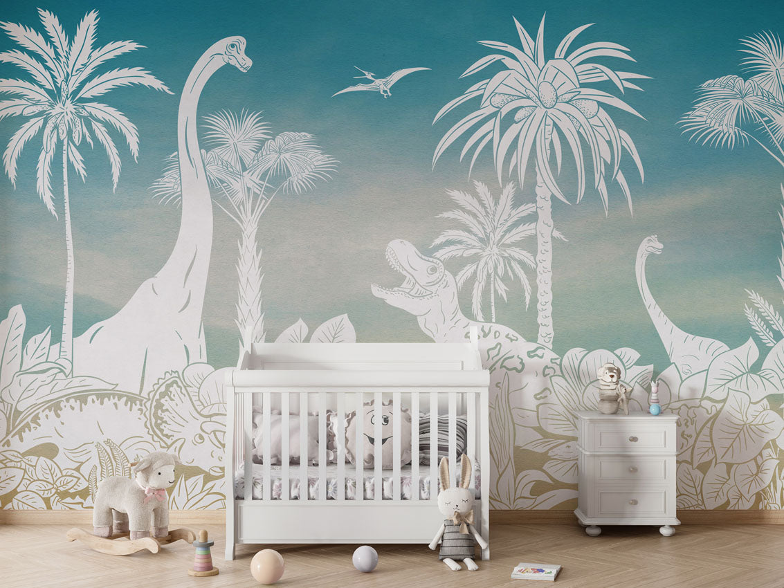 MONOCHROME DINO BLUE SKY - Mural - Crib white