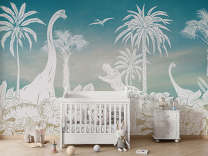 MONOCHROME DINO BLUE SKY - Mural - Crib white