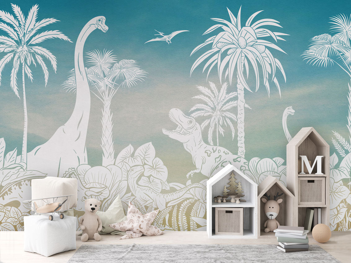 MONOCHROME DINO BLUE SKY - Mural - House cabinets